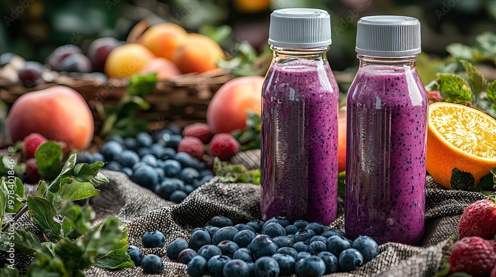 Two vegan blueberry smoothies in glass bottles, laid on a picnic blanket surrounded by fresh fruits, outdoor health concept Two vegan blueberry smoothies in glass bottles, laid on a picnic blanket surrounded by fresh fruits, outdoor health concept
