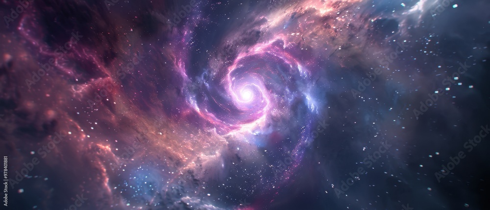 Naklejka premium Cosmic Dance of the Celestial Spiral, a vast alien galaxy spirals through the cosmos, showcasing the intricate beauty of a supercluster in an endless celestial tapestry.
