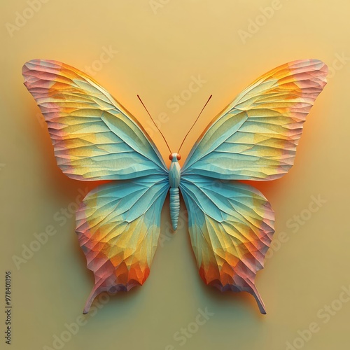 Vibrant Origami Butterfly with Rainbow Wings on Yellow Background photo