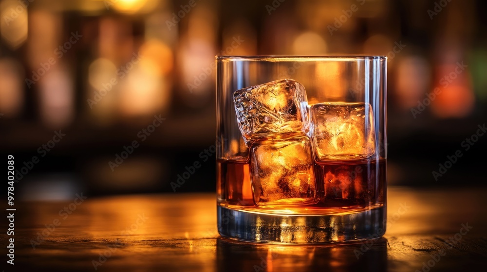 Glass of Scotch whiskey with ice cubes in a classic tumbler. Glass of Scotch whiskey with ice cubes in a classic tumbler.