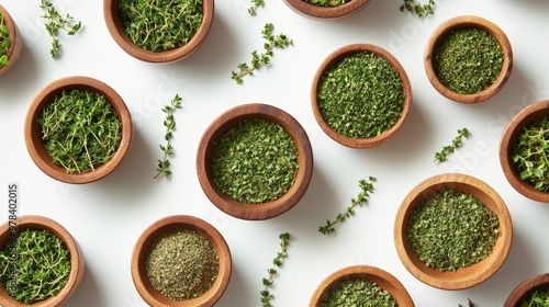 4. High-angle shot of wooden bowls filled with fresh thyme leaves and dried thyme powder, meticulously arranged on a pristine white surface