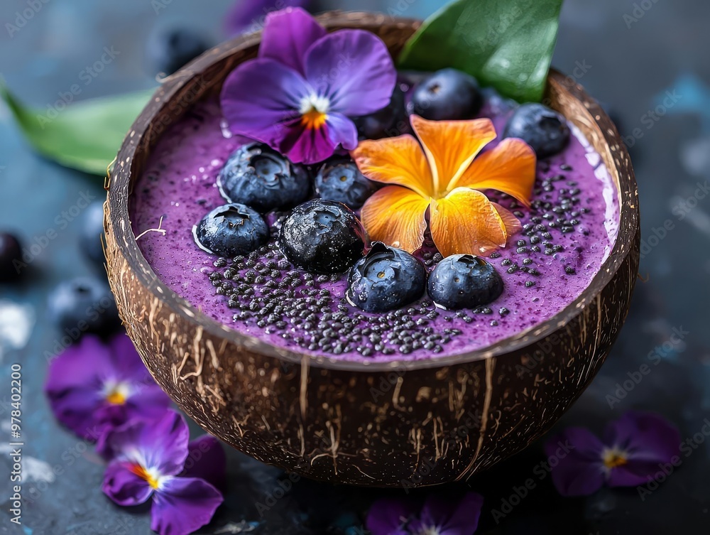 Vegan blueberry smoothie served in a coconut shell, garnished with tropical fruits and flowers, exotic healthy eating concept Vegan blueberry smoothie served in a coconut shell, garnished with tropical fruits and flowers, exotic healthy eating concept