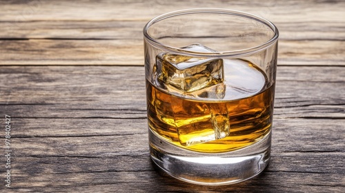 Glass of Scotch whiskey with ice cubes in a classic tumbler.