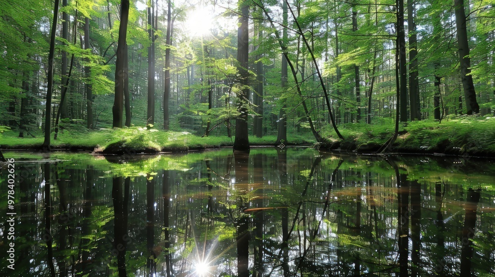 Fototapeta premium Sunlight Reflecting on a Forest Pond