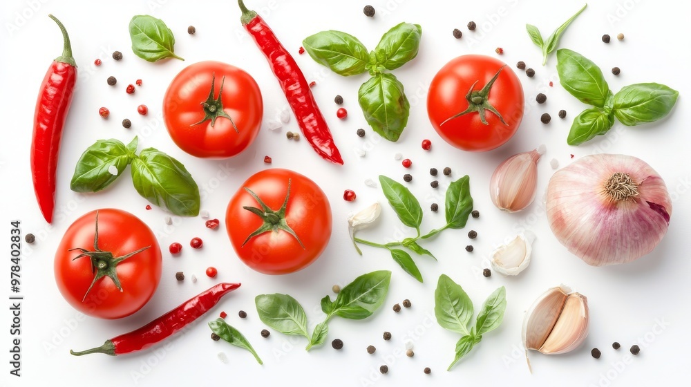 20. High-angle view of a creative composition featuring a variety of fresh ingredients like tomatoes, basil, chili peppers, onions, and garlic, all isolated on a white background 20. High-angle view of a creative composition featuring a variety of fresh ingredients like tomatoes, basil, chili peppers, onions, and garlic, all isolated on a white background