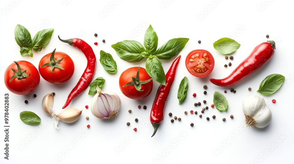 20. High-angle view of a creative composition featuring a variety of fresh ingredients like tomatoes, basil, chili peppers, onions, and garlic, all isolated on a white background 20. High-angle view of a creative composition featuring a variety of fresh ingredients like tomatoes, basil, chili peppers, onions, and garlic, all isolated on a white background