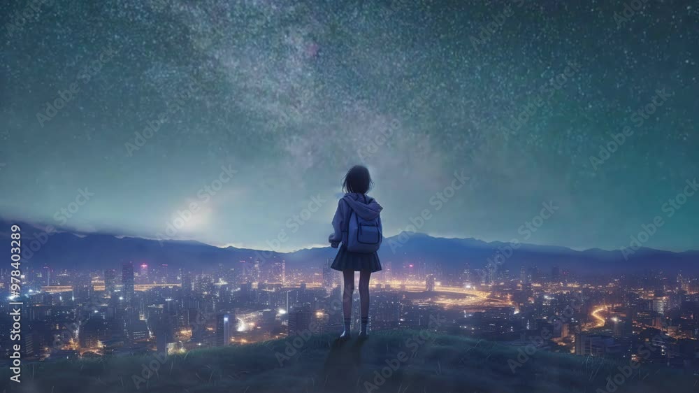 A young Girl Watching Cityscape at Night after school A young Girl Watching Cityscape at Night after school