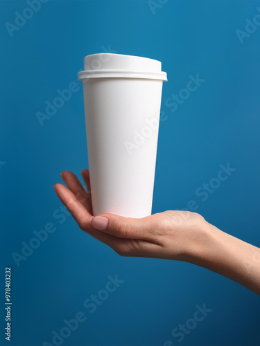 A product mockup in a hand holding a cup, with a white space in it for branding or logo placement, simple blue color background, no text, high quality