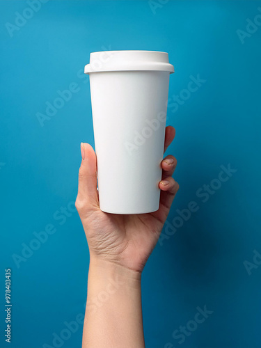 A product mockup in a hand holding a cup, with a white space in it for branding or logo placement, simple blue color background, no text, high quality