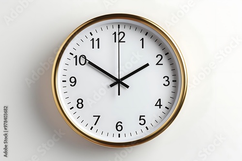 A round wall clock displaying the time with a simple design.