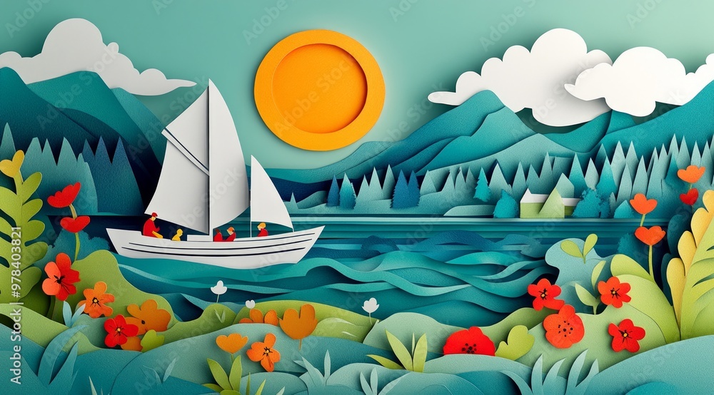 Naklejka premium Colorful Paper Craft Landscape with Sailboat on Lake and Mountains