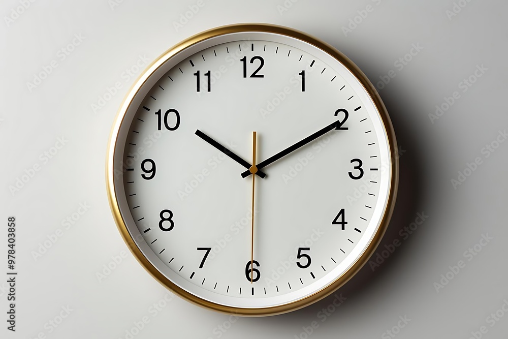 A round wall clock displaying time with a minimalistic design. A round wall clock displaying time with a minimalistic design.
