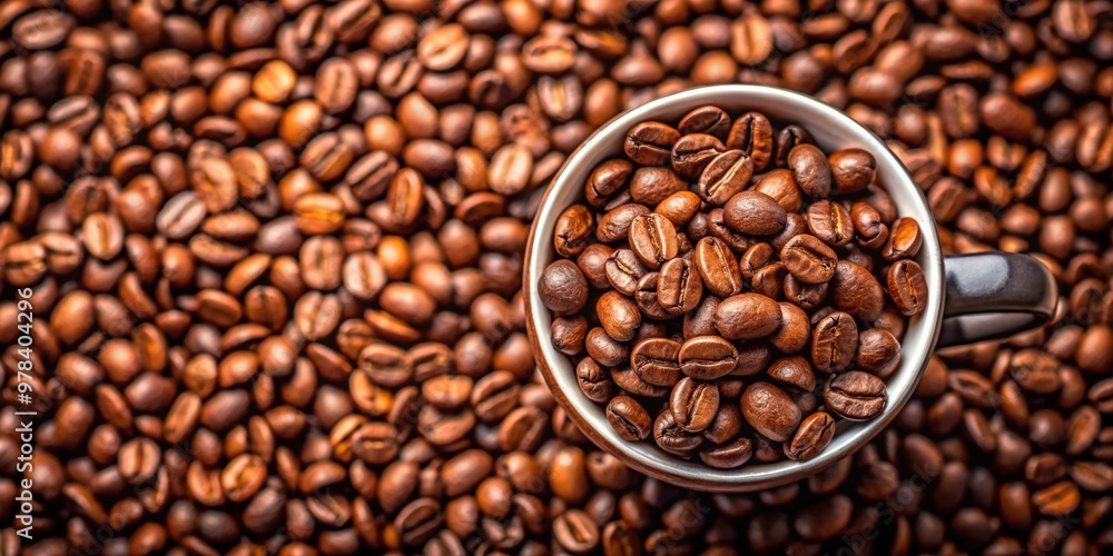 Fototapeta premium Close-up top view of a cup filled with roasted coffee beans, roasted, coffee, beans, cup, close-up, top view, morning, aroma