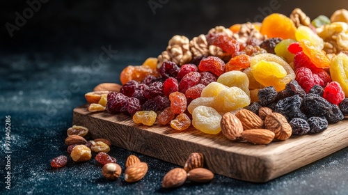 Fototapeta Naklejka Na Ścianę i Meble -  58. Detailed close-up of an assortment of dried fruits and nuts on a wooden board, set against a dark background, ideal for a studio shoot for a menu or poster