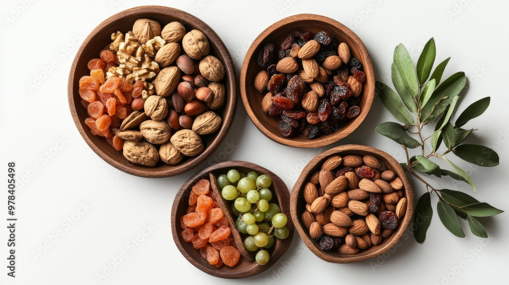 62. High-angle view of a mix of dried fruits and nuts on wooden plates, with a branch of young green leaves, isolated on a white background, symbolizing the Jewish holiday Tu Bishvat 62. High-angle view of a mix of dried fruits and nuts on wooden plates, with a branch of young green leaves, isolated on a white background, symbolizing the Jewish holiday Tu Bishvat