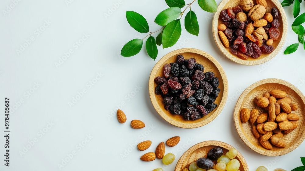 65. Top view of mixed dried fruits and nuts on wooden plates, accompanied by a branch with fresh green leaves, isolated on a white background, symbolizing the Jewish holiday Tu Bishvat 65. Top view of mixed dried fruits and nuts on wooden plates, accompanied by a branch with fresh green leaves, isolated on a white background, symbolizing the Jewish holiday Tu Bishvat