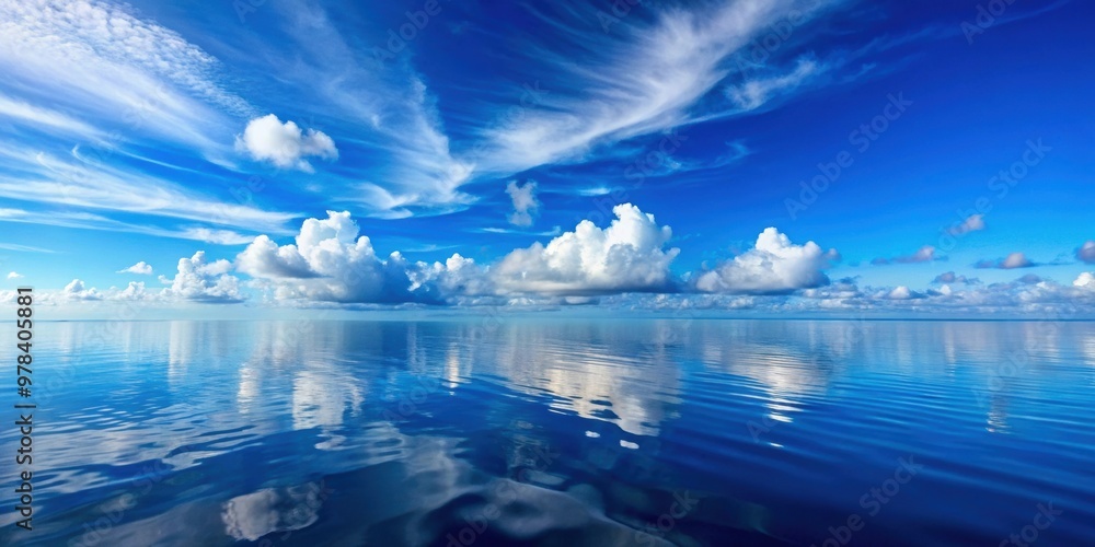 Vibrant blue sky reflecting on a calm ocean surface, serene, tranquil, peaceful, nature, horizon, seascape, water, reflection Vibrant blue sky reflecting on a calm ocean surface, serene, tranquil, peaceful, nature, horizon, seascape, water, reflection