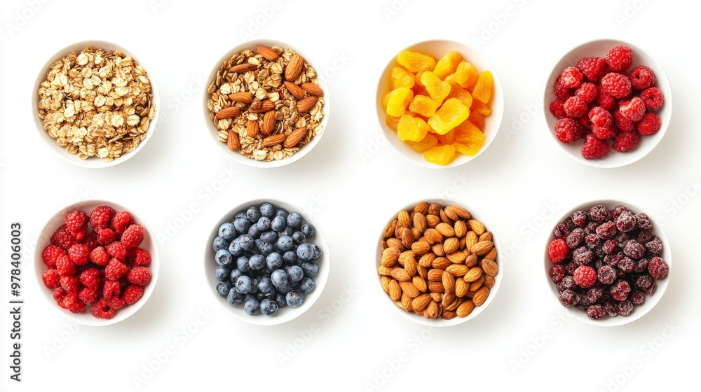 70. Top view collage of crunchy granola with dried fruits, nuts, and fresh berries, arranged on a white background, showcasing the diversity and richness of the ingredients 70. Top view collage of crunchy granola with dried fruits, nuts, and fresh berries, arranged on a white background, showcasing the diversity and richness of the ingredients