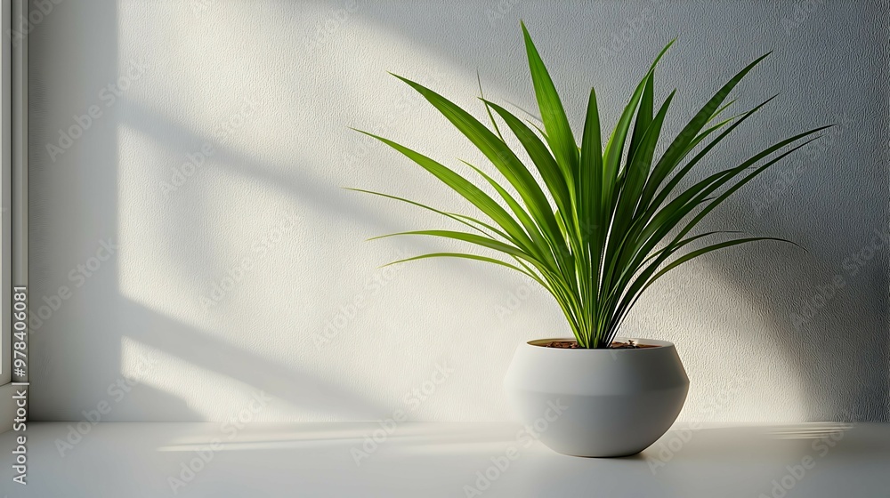 Green Plant in White Pot on Windowsill with Sunlight Green Plant in White Pot on Windowsill with Sunlight
