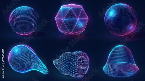 Futuristic Cyberpunk Wireframe Set, a collection of retro geometric shapes and icons, featuring warped designs and a vintage mathematical perspective for innovative spatial concepts.