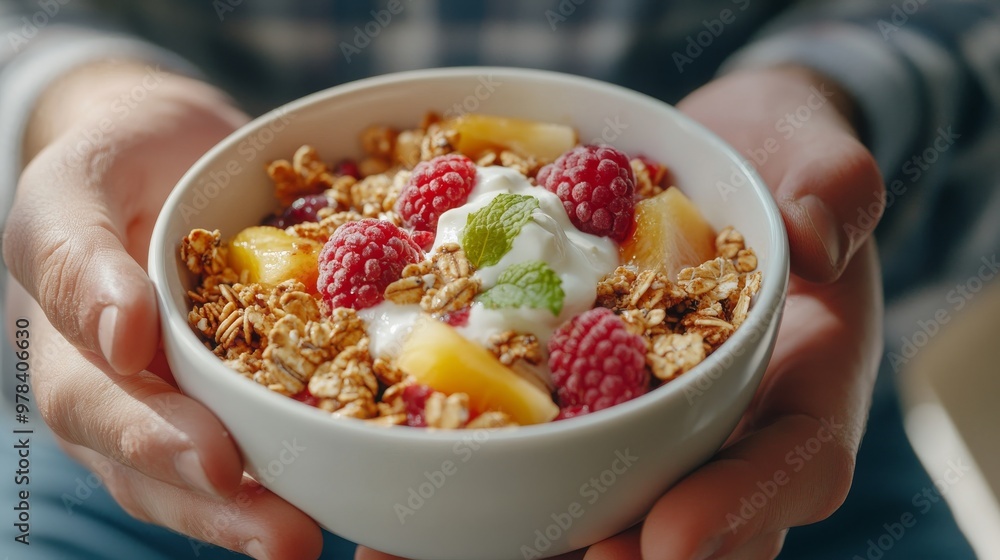 81. Close-up of a man enjoying a bowl of delicious granola mixed with fresh fruits, capturing the vibrant colors and textures of the ingredients 81. Close-up of a man enjoying a bowl of delicious granola mixed with fresh fruits, capturing the vibrant colors and textures of the ingredients