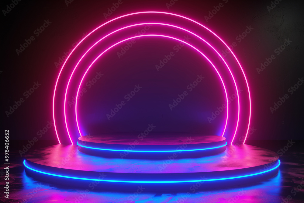 Neon blue geometric circle creating a futuristic mystical portal on dark background Neon blue geometric circle creating a futuristic mystical portal on dark background