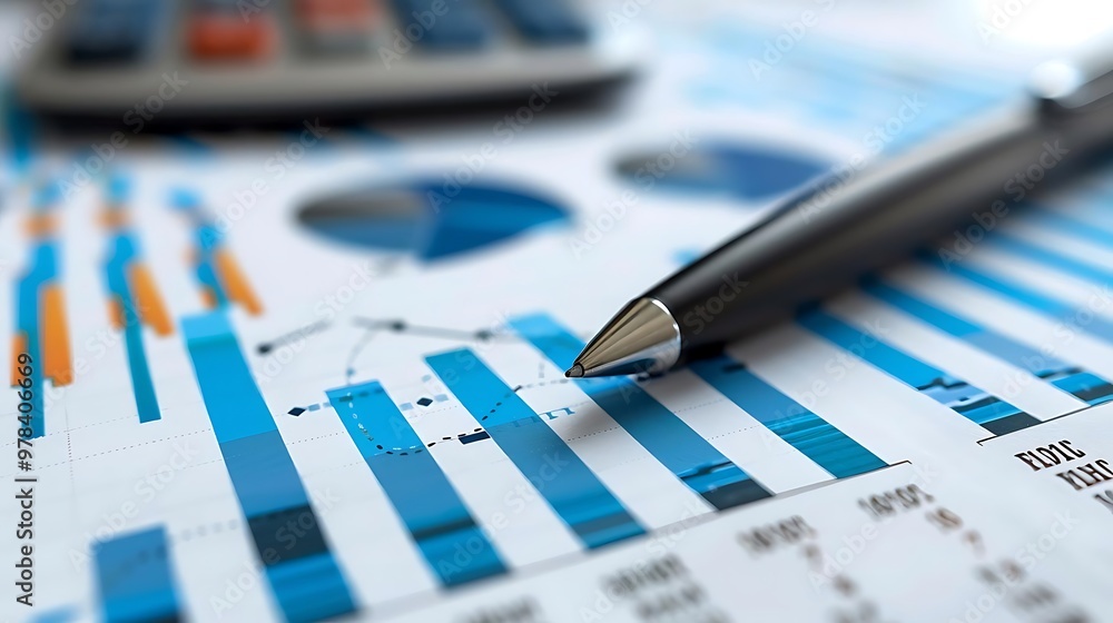 A close-up of a financial report with graphs and a pen. A close-up of a financial report with graphs and a pen.