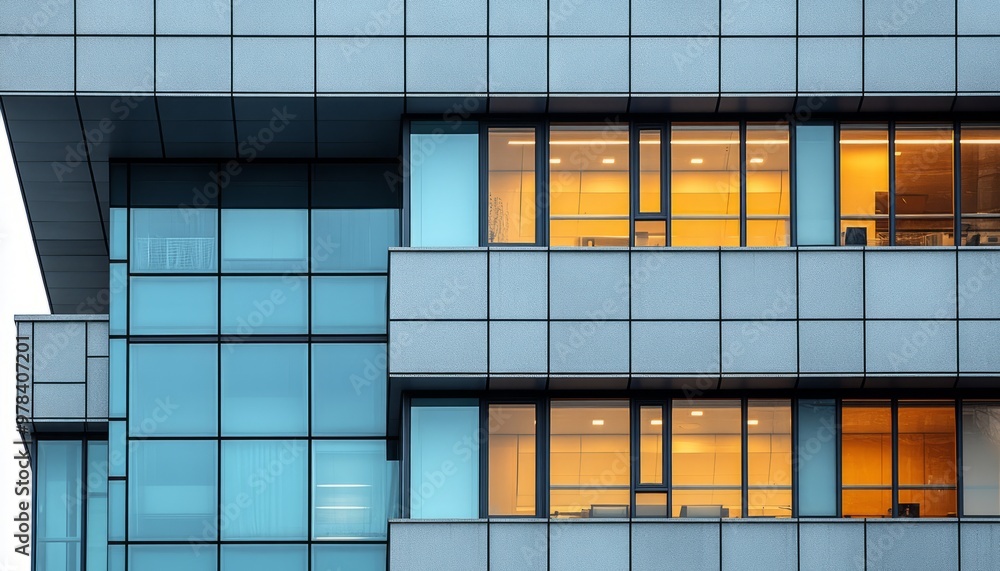 Fototapeta premium Modern Office Building Facade with Windows and Illuminated Interior
