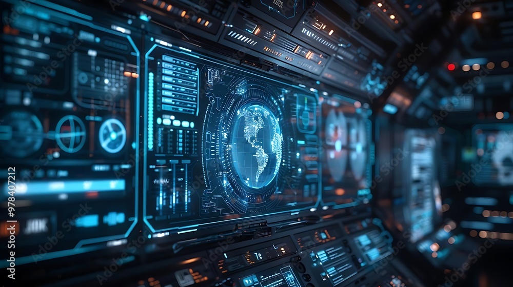 Futuristic control panel displaying a globe and data interfaces. Futuristic control panel displaying a globe and data interfaces.