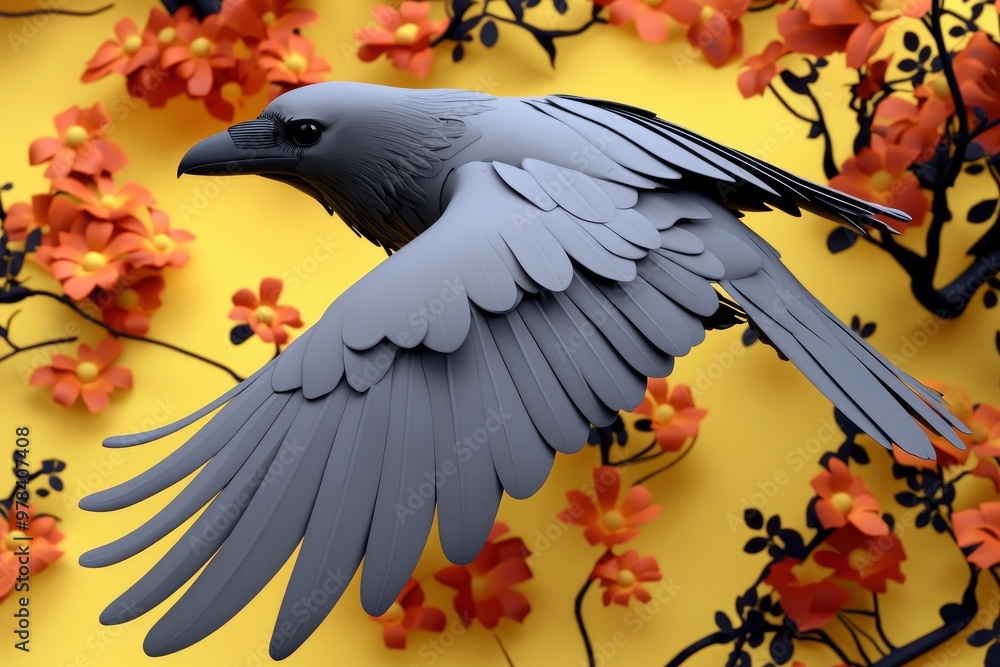 Fototapeta premium Raven in Flight Against a Background of Paper Flowers
