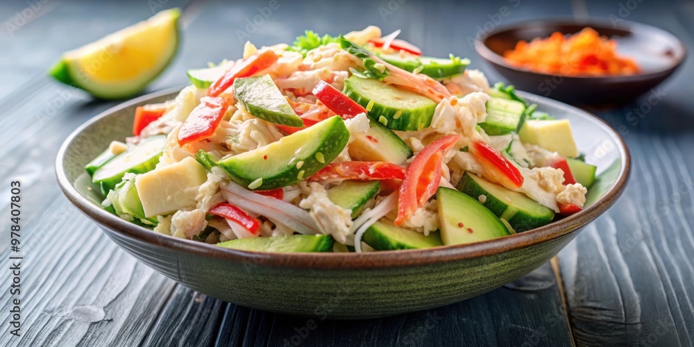 Freshly made Japanese Kani Salad with crab meat, cucumber, and avocado, Japanese, food, cuisine, Kani Salad, crab meat Freshly made Japanese Kani Salad with crab meat, cucumber, and avocado, Japanese, food, cuisine, Kani Salad, crab meat