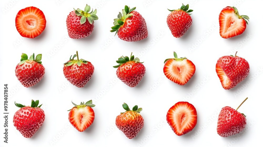 102. High-angle shot of a group of strawberries displayed in different perspectives such as side, top, front, sliced, and halved views, isolated on white, ideal for artwork and design projects 102. High-angle shot of a group of strawberries displayed in different perspectives such as side, top, front, sliced, and halved views, isolated on white, ideal for artwork and design projects