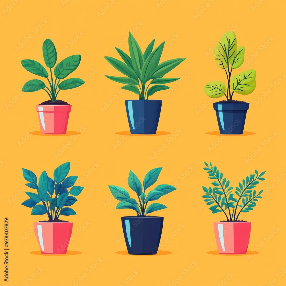 Illustration of Six Potted Plants on a Yellow Background Illustration of Six Potted Plants on a Yellow Background