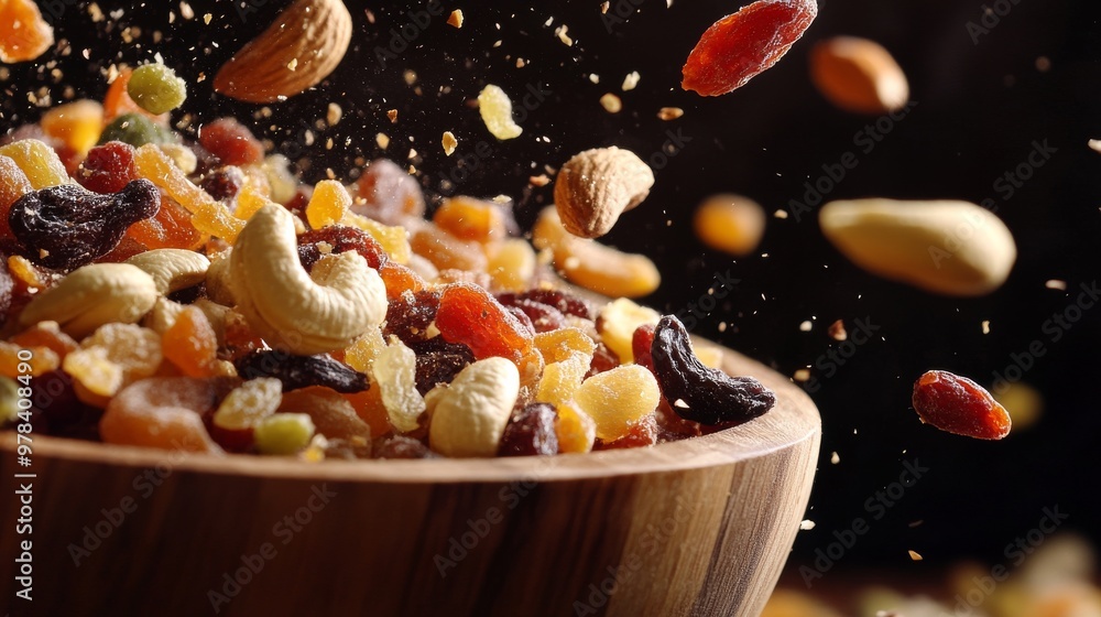 113. Detailed shot of assorted dried fruits and nuts flying out of a wooden bowl, with a focus on the motion and variety of ingredients, leaving space for copy 113. Detailed shot of assorted dried fruits and nuts flying out of a wooden bowl, with a focus on the motion and variety of ingredients, leaving space for copy