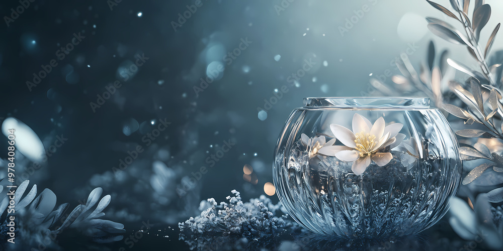 A delicate white flower sits in a glass bowl, with a soft blue background and sparkling lights. A delicate white flower sits in a glass bowl, with a soft blue background and sparkling lights.