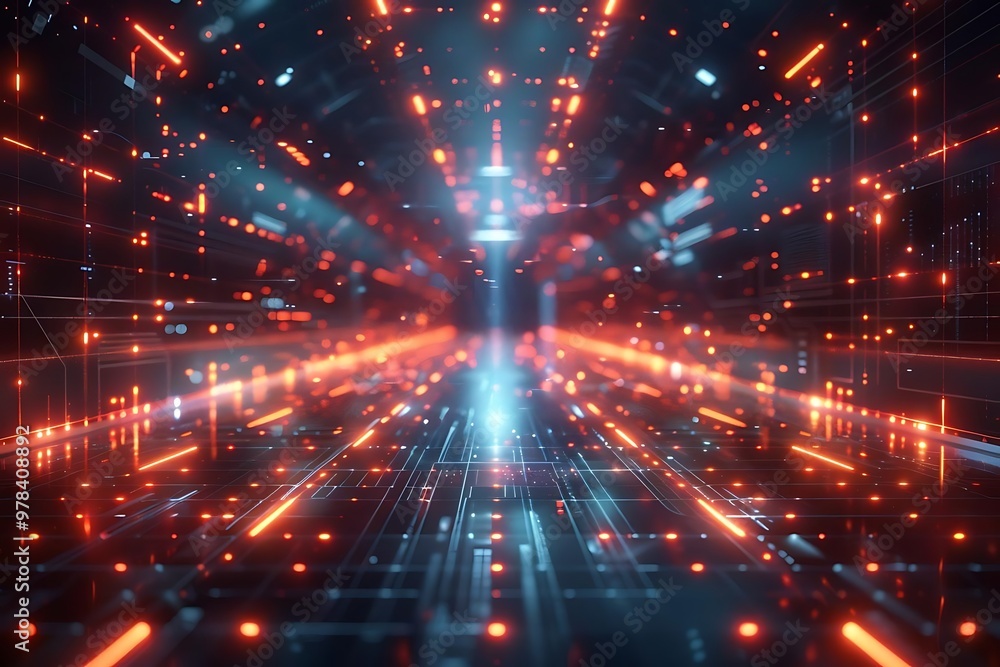 A futuristic digital tunnel with glowing lines and particles. A futuristic digital tunnel with glowing lines and particles.