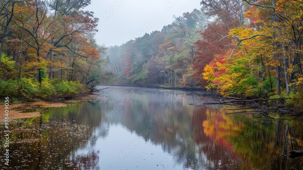 Autumn Reflections on a Misty River Autumn Reflections on a Misty River