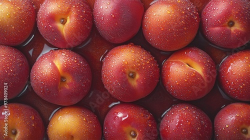 121. Top view of fresh peaches glistening with water droplets, arranged creatively on a flat surface, emphasizing their juiciness and vibrant color photo