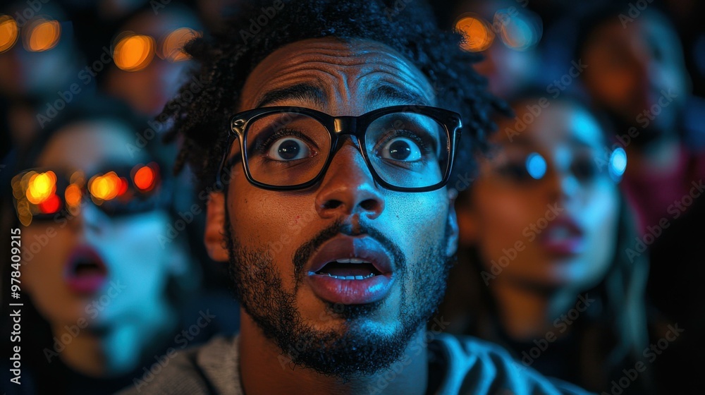 A Man's Shocked Face in a Crowd, Illuminated by Colorful Lights A Man's Shocked Face in a Crowd, Illuminated by Colorful Lights