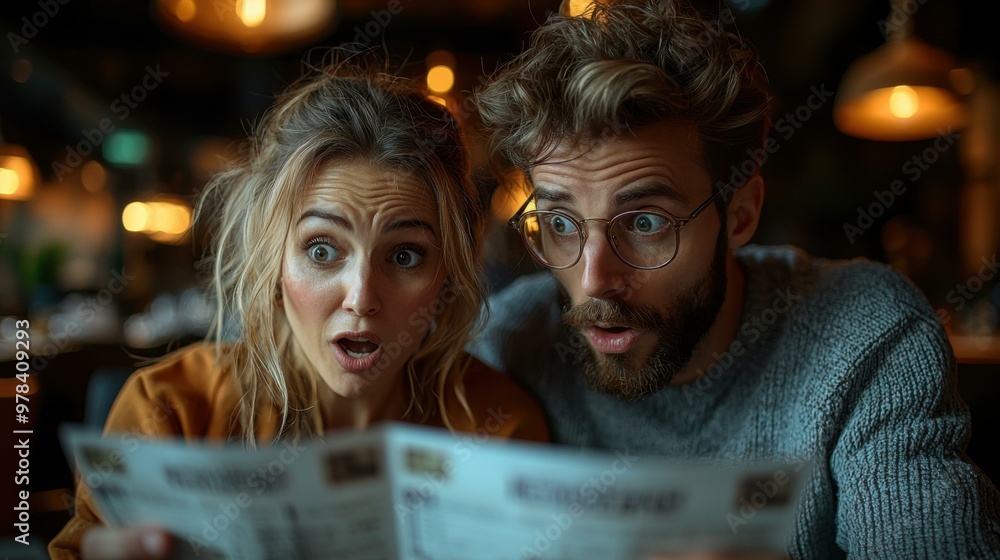 Fototapeta premium Couple Reacting with Shock to Menu Prices in a Restaurant