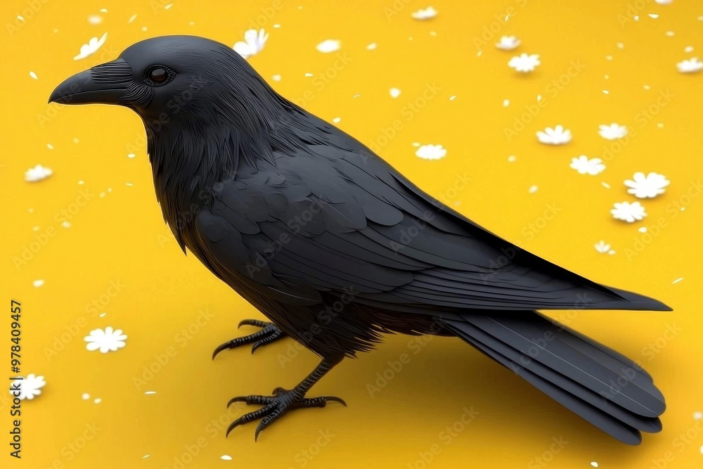 Fototapeta premium Black Raven Bird on Yellow Background with White Flowers
