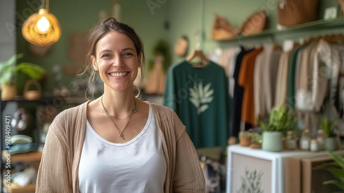 Smiling franchise owner in a trendy sustainable fashion store, eco-conscious clothing displayed behind, natural lighting and green decor, sustainable fashion products