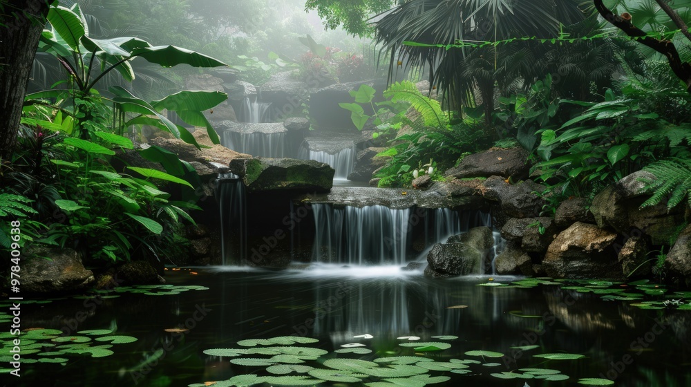 Serene Waterfall in a Lush Tropical Garden Serene Waterfall in a Lush Tropical Garden