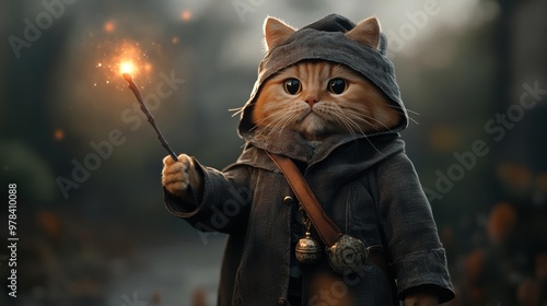 A whimsical cat dressed as a wizard, holding a magical wand with sparks, set in an enchanting forest background. photo