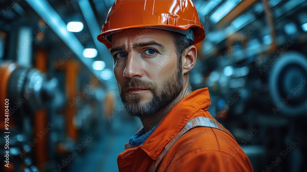 Confident engineer in orange safety gear stands in a high-tech industrial facility, representing modern industry and engineering progress. Confident engineer in orange safety gear stands in a high-tech industrial facility, representing modern industry and engineering progress.