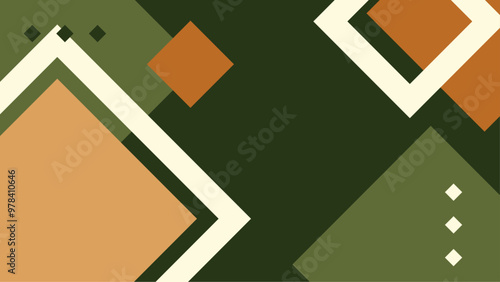 Geometric abstract design with green and orange shapes creating a modern and stylish background. A modern abstract design featuring geometric shapes in green and orange hues. The seamless pattern