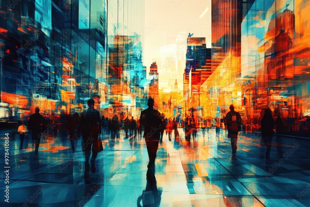 Urban cityscape, silhouettes of people walking in a vibrant, colorful environment Blurred reflections of buildings create a dynamic atmosphere full of life and energy Urban cityscape, silhouettes of people walking in a vibrant, colorful environment Blurred reflections of buildings create a dynamic atmosphere full of life and energy