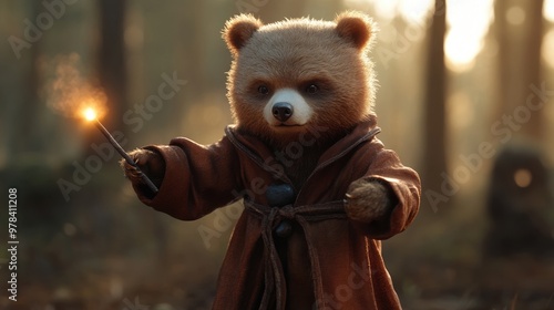 A whimsical bear character in a forest, wielding a magical wand, exuding charm and adventure amidst a mystical atmosphere. photo