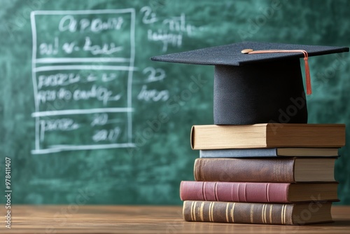 Stack of books with a graduation cap on top and math equations in the background,