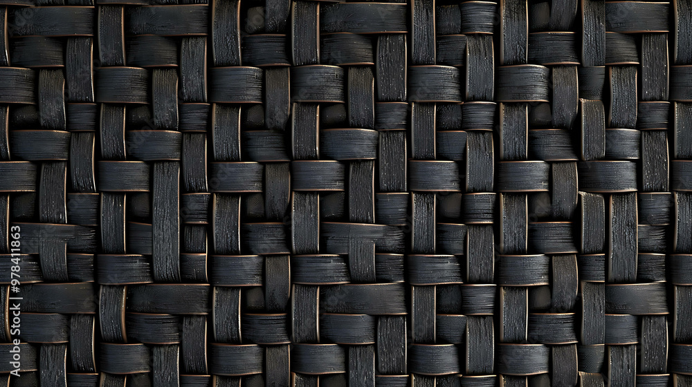 A close-up shot of a black woven wicker texture, featuring a grid-like pattern and subtle variations in color and texture. A close-up shot of a black woven wicker texture, featuring a grid-like pattern and subtle variations in color and texture.